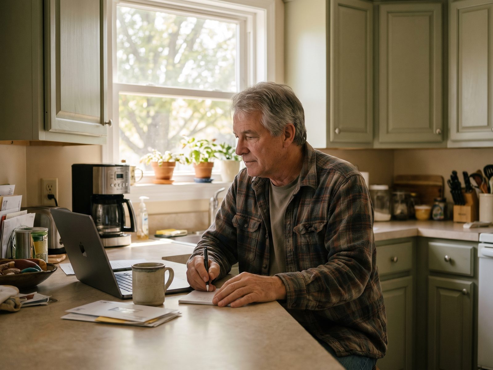 A man watching a video on a laptop at his kitchen counter